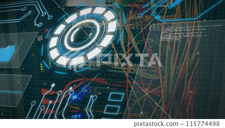 Image of digital interface and data processing over server room 115774498