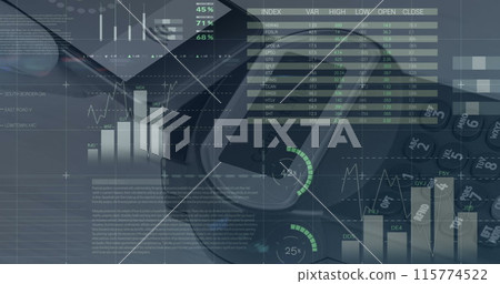 Image of graphs over smartphone with copy space and payment terminal 115774522