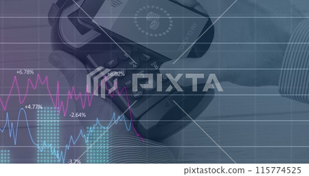 Image of financial data processing over businessman wearing vr headset 115774525