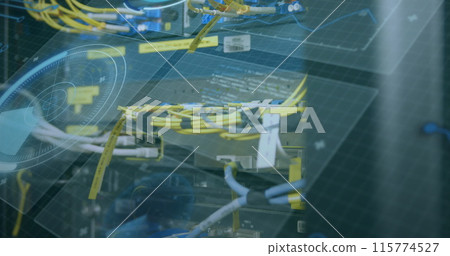 Image of digital interface and data processing over server room Image of digital interface and data processing over server room 115774527