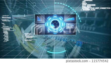 Image of digital interface and data processing over server room 115774542