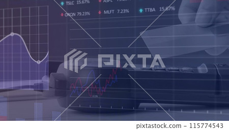 Image of financial data processing over business people walking in office 115774543