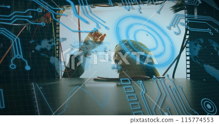 Image of scope scanning and brain over brain rotating of diverse data on black background Image of scope scanning and brain over brain rotating of diverse data on black background 115774553