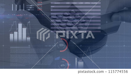 Image of financial data processing over shop interior Image of financial data processing over shop interior 115774556
