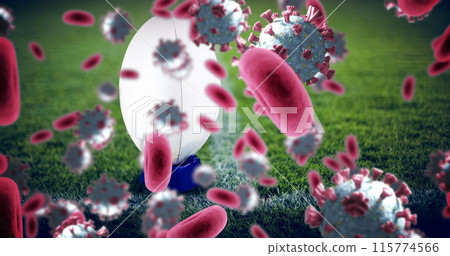 Image of covid 19 virus cells over rugby ball Image of covid 19 virus cells over rugby ball 115774566