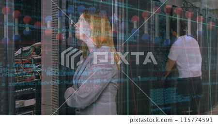 Dna structure spinning and data processing against caucasian female engineer working at server room 115774591