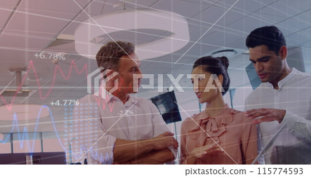 Image of data processing over diverse business people using phone headsets Image of data processing over diverse business people using phone headsets 115774593