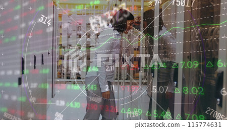 Stock market data processing over stressed caucasian female engineer at server room Stock market data processing over stressed caucasian female engineer at server room 115774631