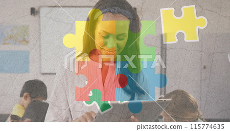 Image of colorful puzzle and brain over biracial woman with tablet and diverse children Image of colorful puzzle and brain over biracial woman with tablet and diverse children 115774635