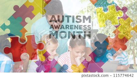 Image of colorful puzzles and autism awareness month over caucasian man and diverse children Image of colorful puzzles and autism awareness month over caucasian man and diverse children 115774642