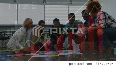 Image of statistics and data processing over business people using computer in office 115774646