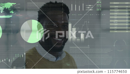 Statistical data processing over portrait of african american man smiling at office Statistical data processing over portrait of african american man smiling at office 115774650