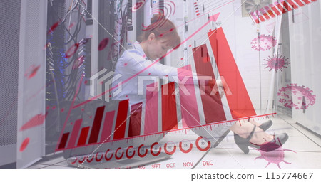 Image of data processing over caucasian female worker in server room Image of data processing over caucasian female worker in server room 115774667