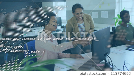 Image of world map and data processing over diverse female coworkers working in office Image of world map and data processing over diverse female coworkers working in office 115774693