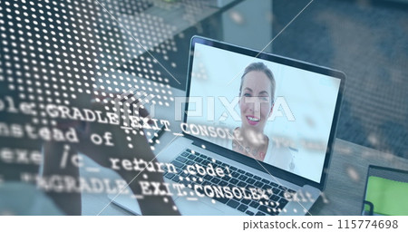 Image of world map and data over african american woman having image call on laptop 115774698