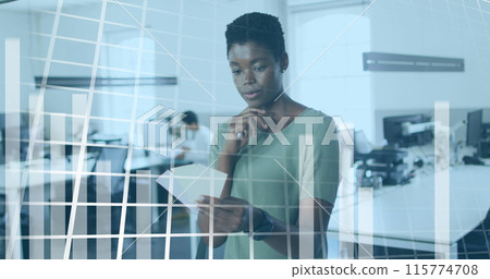 Image of financial data and graphs over african american woman working in office 115774708