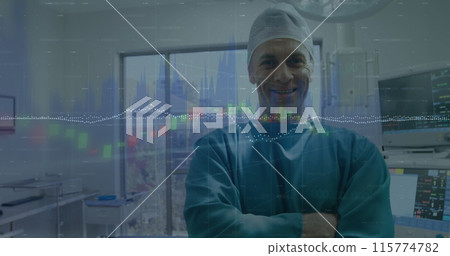 Image of statistical data processing over portrait of caucasian male surgeon smiling at hospital 115774782