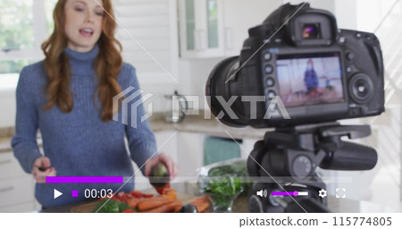 Image of social media screen over caucasian woman making image blog Image of social media screen over caucasian woman making image blog 115774805