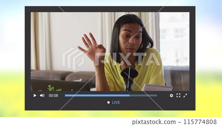 Image of social media screen over biracial woman making image blog 115774808