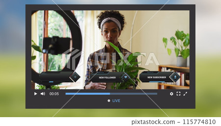 Image of social media screen over biracial woman making image blog 115774810