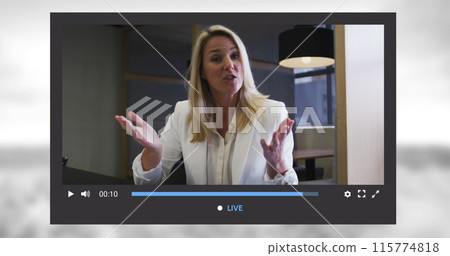 Image of social media screen over caucasian woman making image blog 115774818