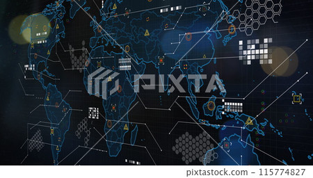 Image of computer and scientific data processing on black background 115774827