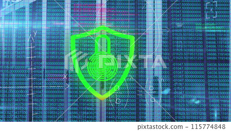 Image of security padlock icon and mathematical equations against computer server room 115774848