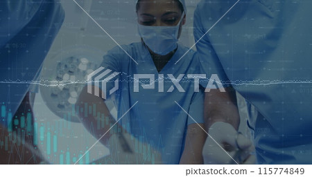 Image of rotating dna over caucasian female anesthesiologist using smartphone 115774849