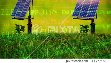 Image of financial data processing over cardboard boxes on conveyor belt in warehouse 115774860