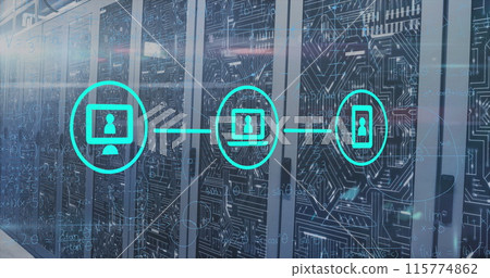 Image of network of digital icons against microprocessor connections over computer server room 115774862