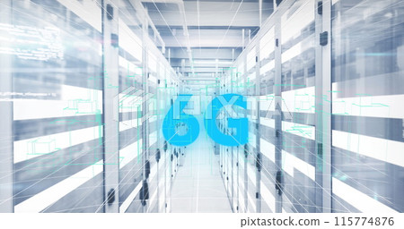 Image of multiple screens with data processing against light trails over computer server room 115774876