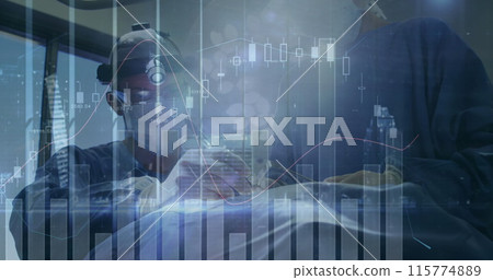 Image of data processing over male and female surgeon performing operation at hospital 115774889