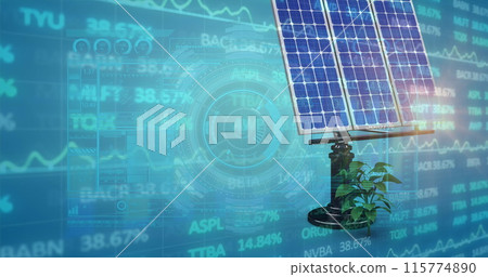 Image of financial data processing over solar panel on blue background Image of financial data processing over solar panel on blue background 115774890