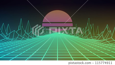 Image of digital mountains and sun on black background 115774911