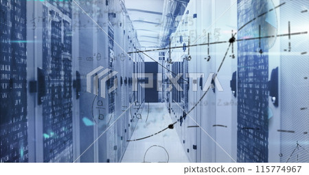 Image of mathematical equations and data processing over server room Image of mathematical equations and data processing over server room 115774967