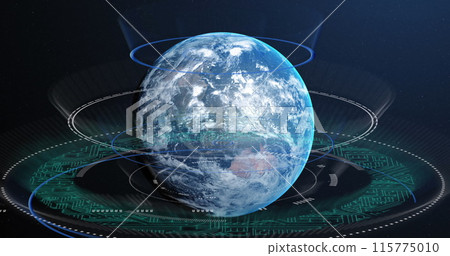 Image of data processing over earth globe on blue background Image of data processing over earth globe on blue background 115775010