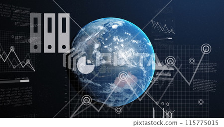 Image of statistics and data processing over earth globe on blue background Image of statistics and data processing over earth globe on blue background 115775015