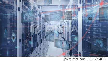This image is an image of data processing and digital information flowing through a network of compu 115775036