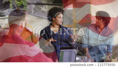Image of flags of usa over diverse business people in office 115775050