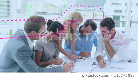 Image of financial data processing over diverse businesspeople discussing together at office Image of financial data processing over diverse businesspeople discussing together at office 115775055