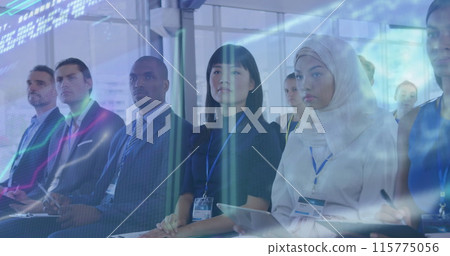 Image of data processing over diverse businesspeople sitting in a business conference Image of data processing over diverse businesspeople sitting in a business conference 115775056