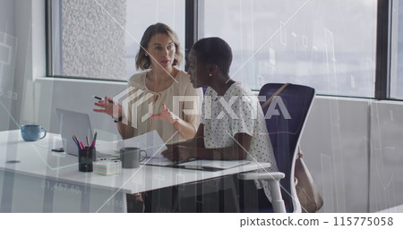 Image of financial data processing over diverse business people at office 115775058