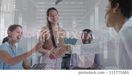 Image of financial data processing over diverse business people at office Image of financial data processing over diverse business people at office 115775060