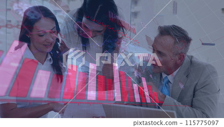 Image of covid-19 statistical data processing over diverse businesspeople discussing at office Image of covid-19 statistical data processing over diverse businesspeople discussing at office 115775097