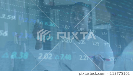 Image of financial data processing over business people walking 115775101