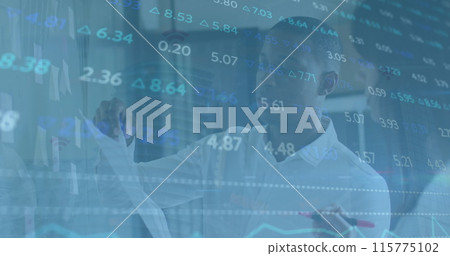 Image of financial data processing over business people walking 115775102