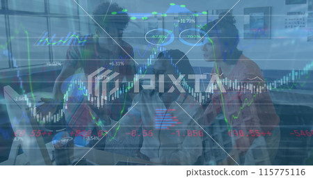 Image of data processing over smiling men wearing vr headset Image of data processing over smiling men wearing vr headset 115775116