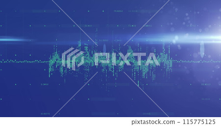 Image of data processing with stock market and light spots over blue background 115775125