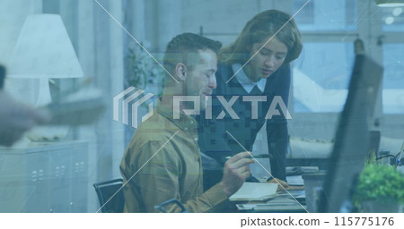 Image of data processing over diverse business people working at office Image of data processing over diverse business people working at office 115775176