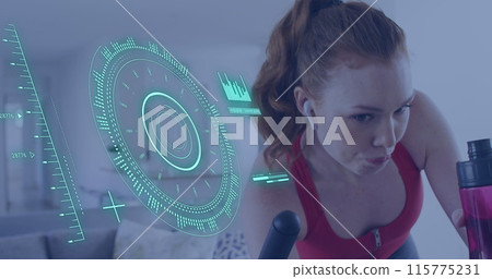 Image of data processing over caucasian woman exercising, using stationary bike Image of data processing over caucasian woman exercising, using stationary bike 115775231